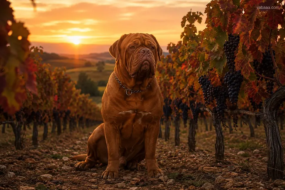 Bordoška doga u vinogradu pri zalasku — Francuski mastif sjedi među zrelim grozdovima s narančastim nebom iza njega