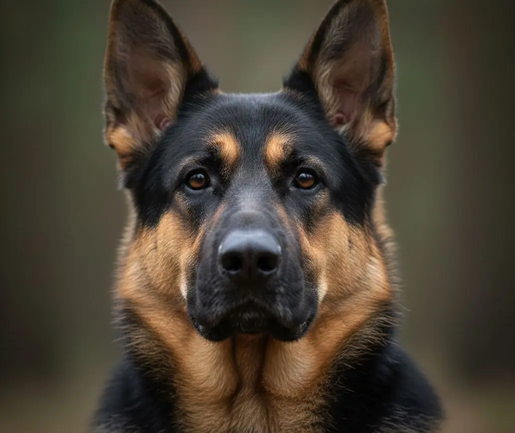 Čelni bližnji posnetek velikega nemškega ovčarja.