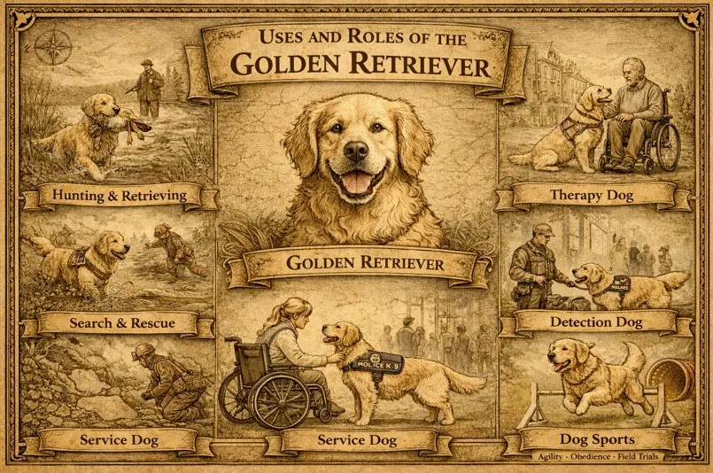 Инфографика с ролите и употребите на голдън ретривъра — ловджийско, терапевтично, спасително куче и още