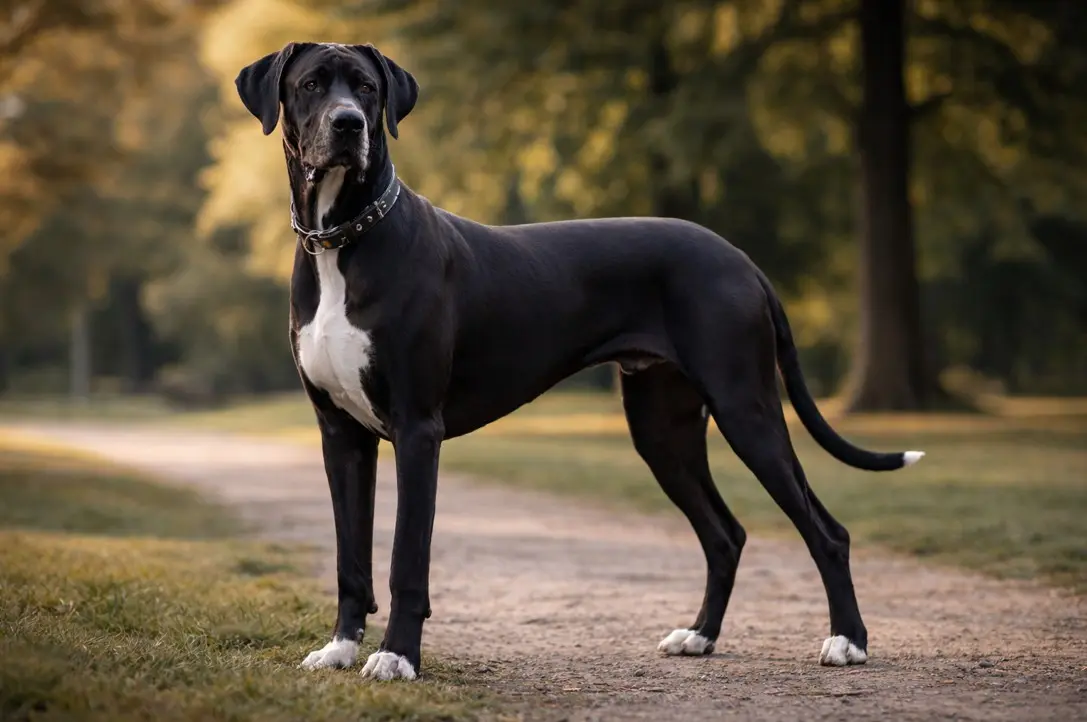 Črna Nemška doga z belo liso na prsih stoji v parku in prikazuje svoje celotno mišičasto telo ter elegantno držo pasme