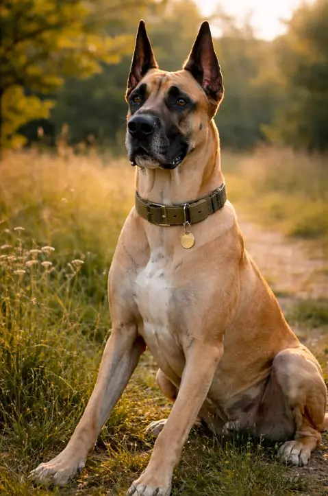Rumena Nemška doga s kupiranimi ušesi in zlatim medaljonom sedi na prostem med visoko travo ob sončnem zahodu