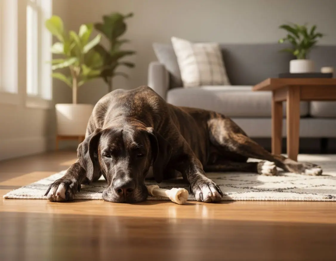 Немски дог лежи спокойно в холна стая.