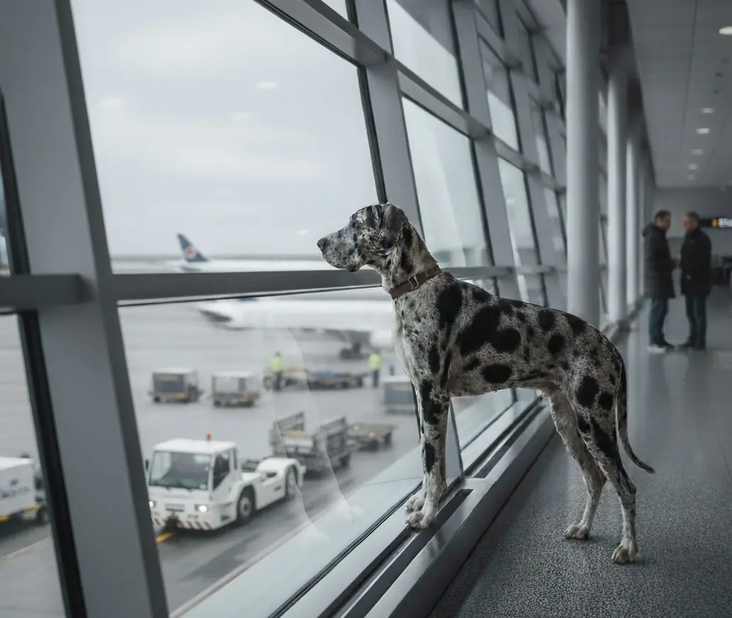 Harlekin Nemška doga stoji pred panoramskim oknom na letališču in opazuje letala na pisti