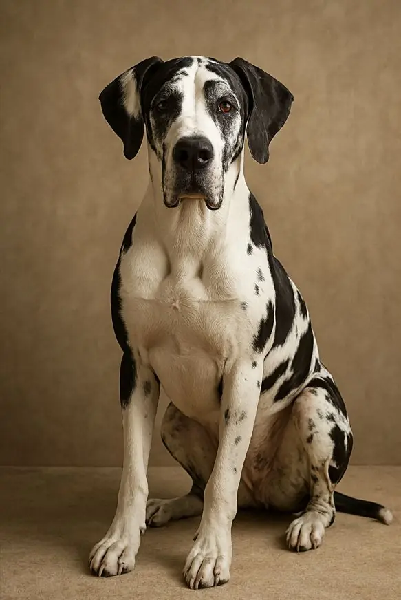 Harlekin Nemška doga v studijskem portretu, sedi in kaže značilni belo-črni vzorec pasme