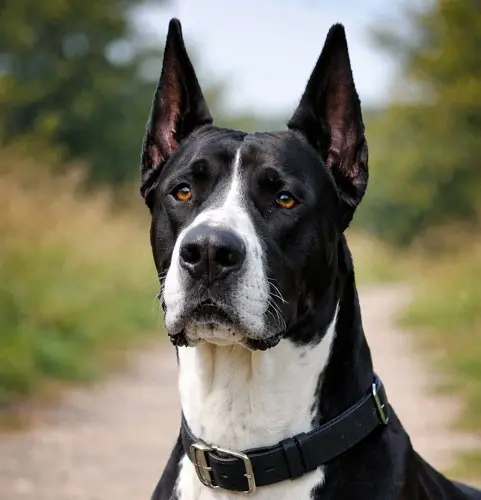 Harlekinska Nemška doga s kupiranimi ušesi in jantarjevimi očmi, portret na prostem v naravni svetlobi