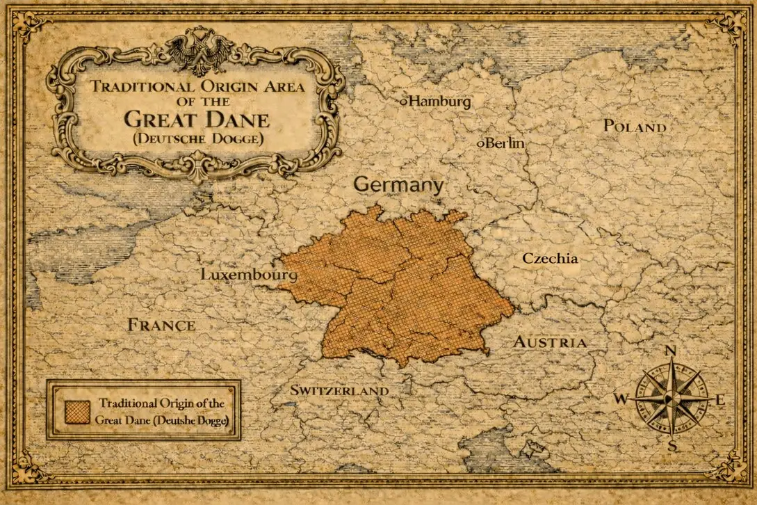 Zgodovinski zemljevid Nemčije z označenim tradicionalnim območjem izvora Nemške doge (Deutsche Dogge) v vintage slogu