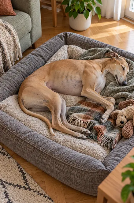 Srnast greyhound spi zvit v debeli pasji postelji z odejo in plišasto igračo