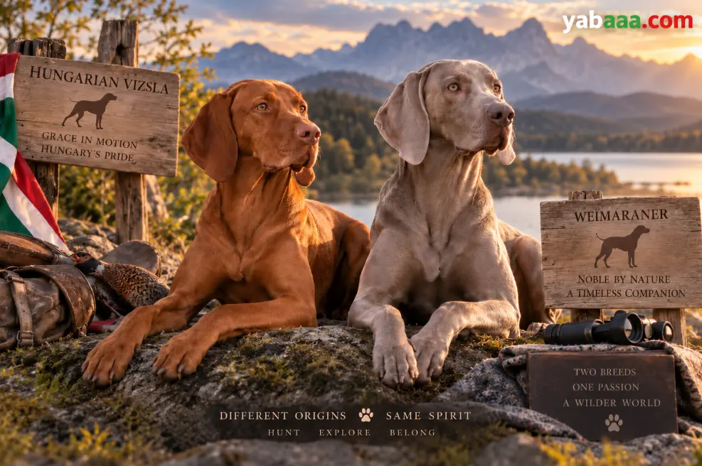 Mađarska vižla i weimaraner leže jedan uz drugoga na stijeni, a iza njih su planina i jezero