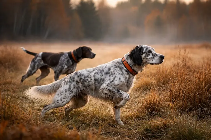 Engleski seter i njemački oštrodlaki ptičar u stavu na otvorenom polju tijekom lova na pernatu divljač