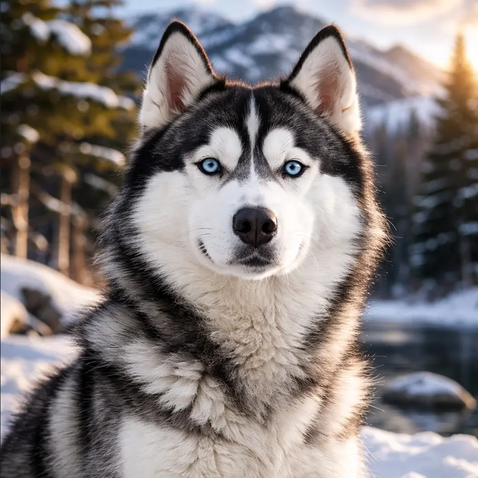 Portret sibirskega Haskija z izrazito modrimi očmi na ozadju zasneženih gora in iglastega gozda