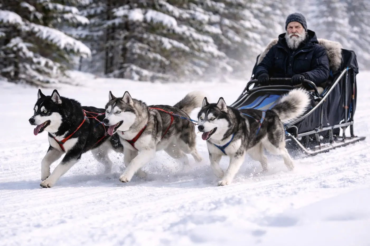 Trije sibirski Haskiji z rdečimi in modrimi vpregami vlečejo sani z bradatim moškim v zimskem gozdu, prekritem z debelo snežno odejo
