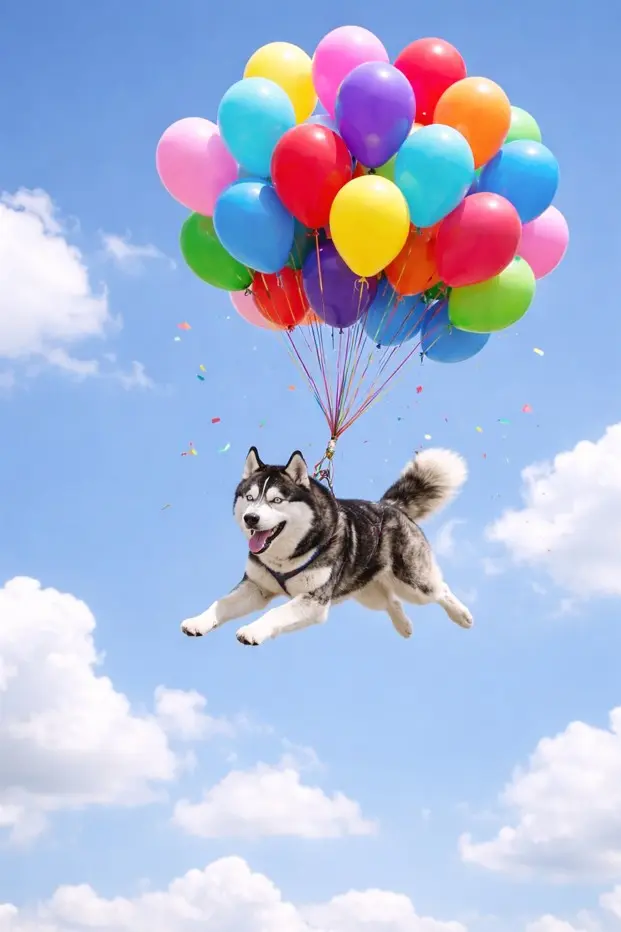 Vesel sibirski Haski leti po modrem nebu, privezan na šop pisanih balonov, z jezikom zunaj