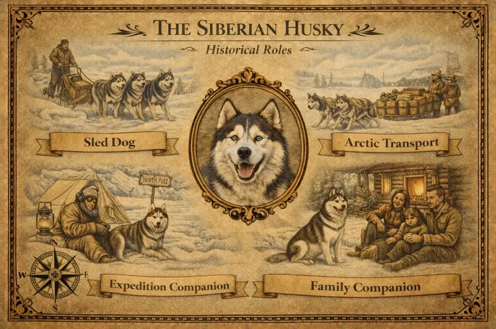 Zgodovinska ilustracija štirih vlog sibirskega Haskija — vlečni pes, arktični prevoz, spremljevalec na ekspedicijah in družinski pes