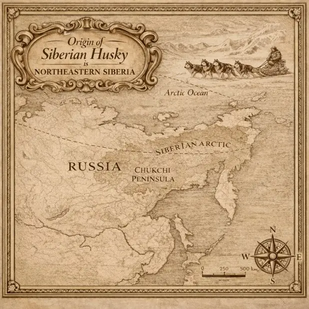 Starinska karta Rusije, ki prikazuje izvor sibirskega Haskija s Čukotskega polotoka v severovzhodni Sibiriji