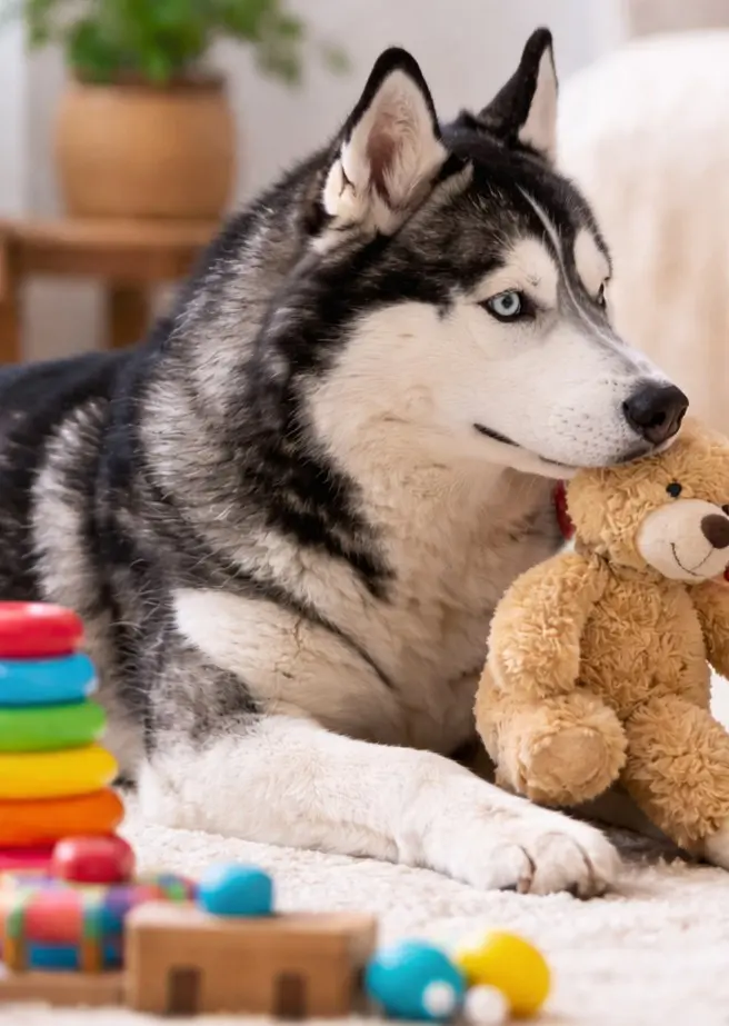 Sibirski Haski z modrim očesom leži na preprogi s plišastim medvedkom in pisanimi igračami okoli sebe v domačem okolju
