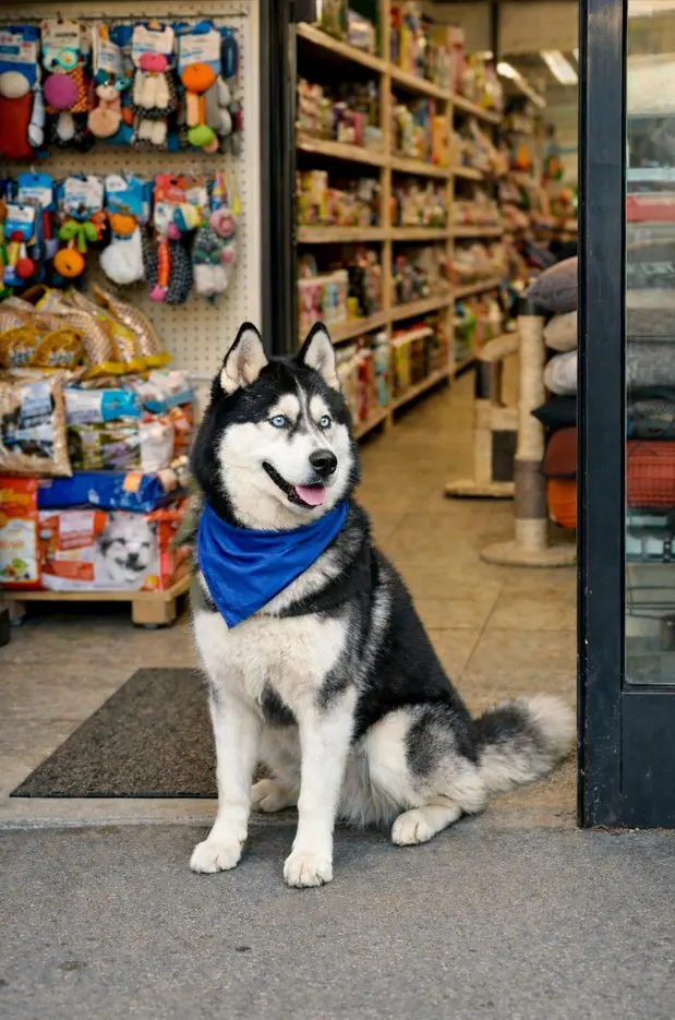 Sibirski Haski z modrim rutkom sedi pri vhodu v trgovino za hišne ljubljenčke, z vrstami igrač in hrane za njim