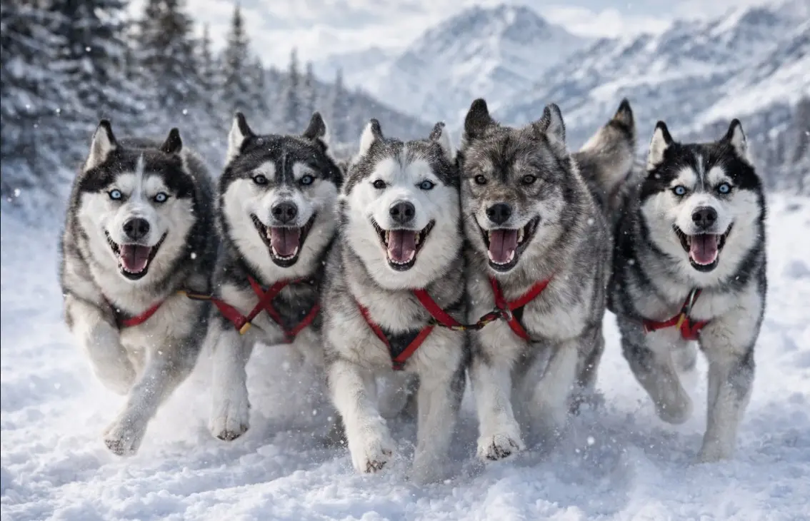 Pet sibirskih haskijev v rdečih vpregah teče skozi zasnežene gore z iglastim gozdom v ozadju