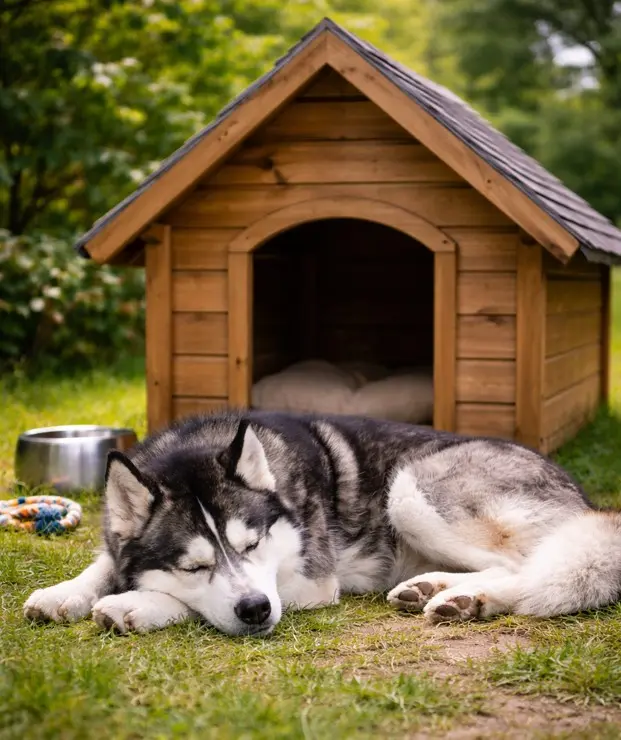 Velik Haski globoko spi na zeleni travi ob leseni pasji uti, z kovinsko posodo in vrvjo za igro okoli sebe