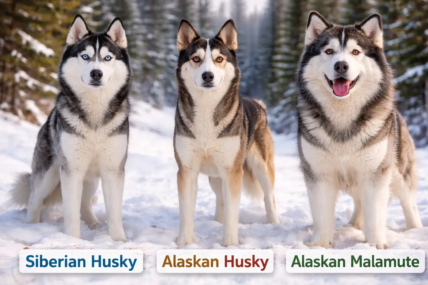 Primerjava treh psov v snegu: sibirski Haski z modrim očesom levo, aljaški Haski z rjavim očesom v sredini, aljaški malamut desno