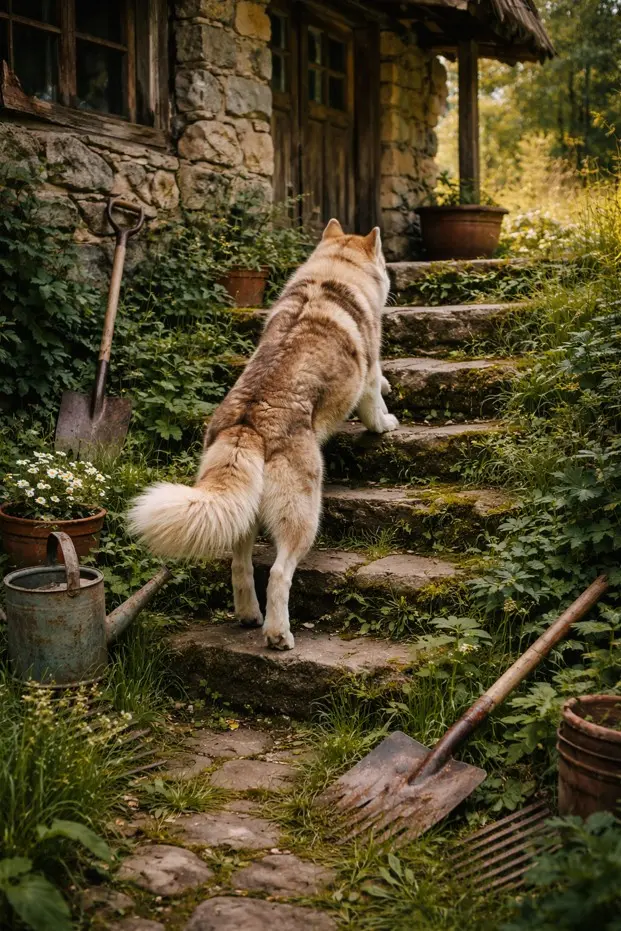 Sibirski Haski v toplih barvah se vzpenja po kamnitih stopnicah proti kamniti koči sredi bujnega zelenja