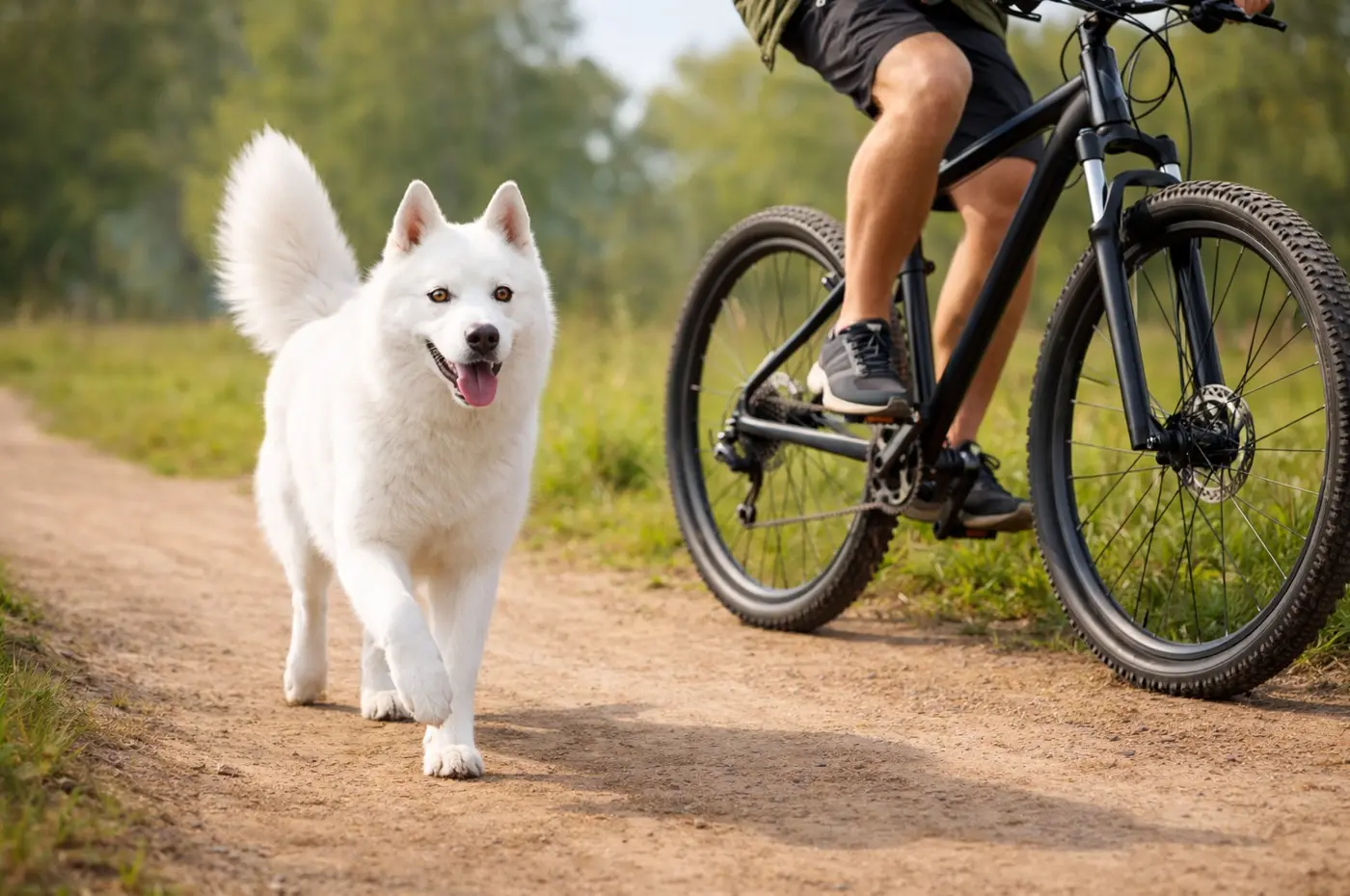 Bel sibirski Haski z širokim nasmehom teče ob kolesarju po makadamski poti v zeleni naravi