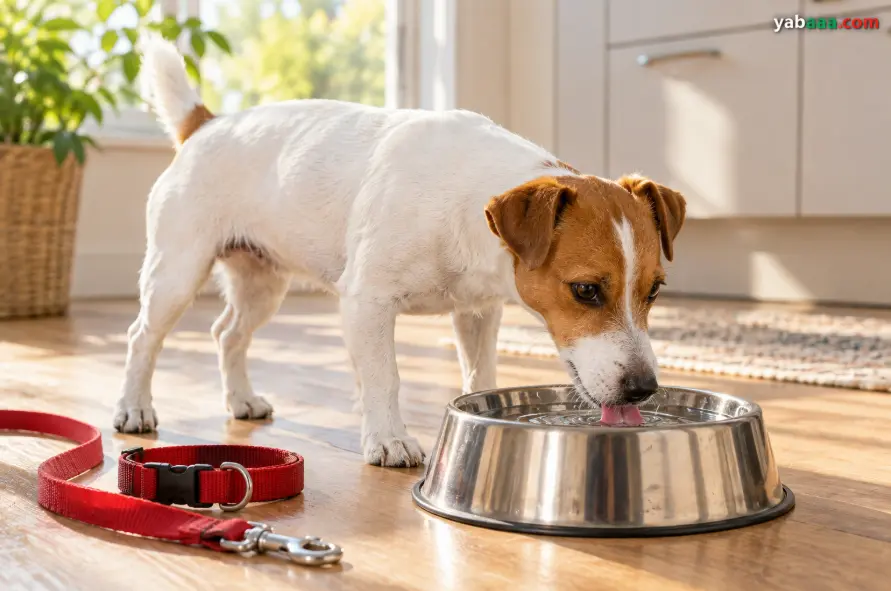 Jack russell terrier pije vodo iz kovinske skledice, poleg njega pa na tleh ležita rdeča ovratnica in povodec