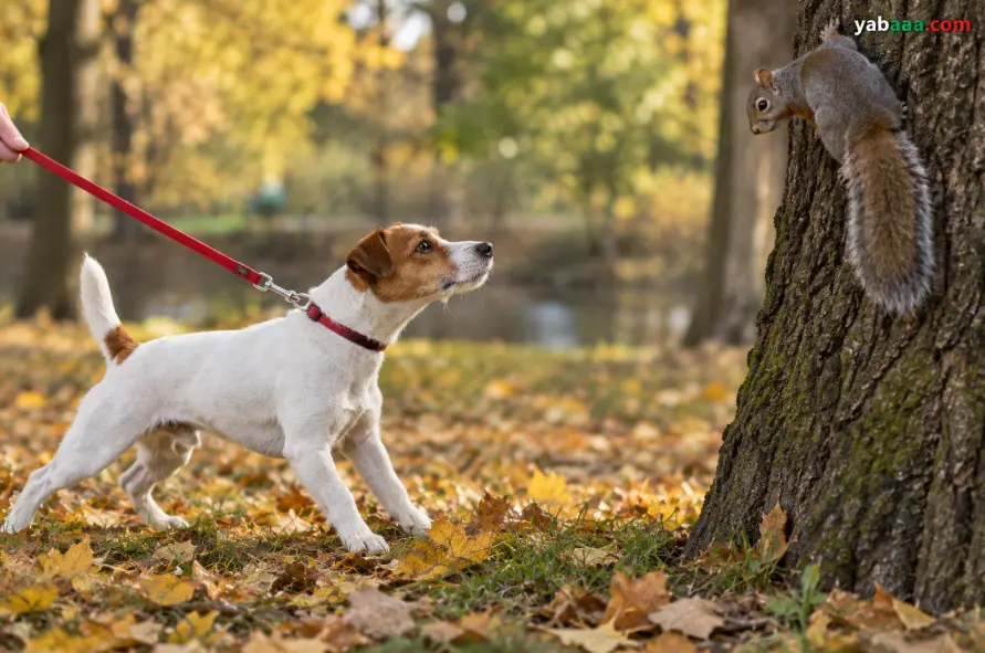 Jack russell terrier na rdečem povodcu strmi v veverico na drevesu v jesenskem parku