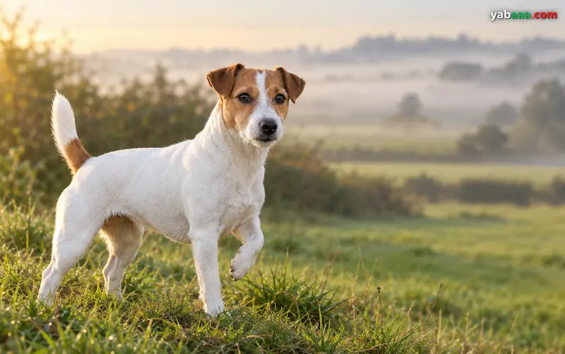 Jack Russell terier z dvignjeno sprednjo šapo na travnatem griču v meglenem polju ob sončnem vzhodu