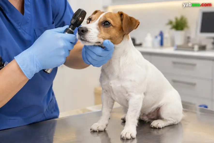 Veterinar z rokavicami z oftalmoskopom pregleduje oko psa pasme jack russell terrier