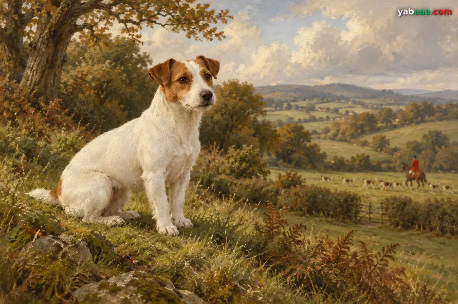 Slika v starinskem slogu: jack russell terrier sedi na griču, v dolini pa lovec na konju vodi tropo goničev