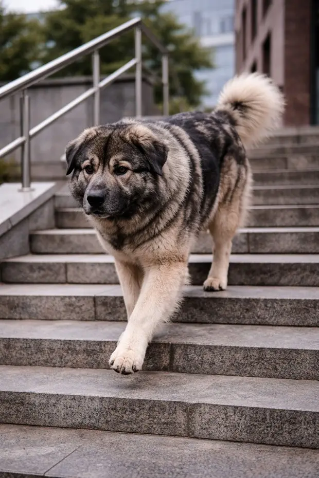 Kraški ovčar se spušča po stopnicah – velik slovenski pastirski pes v mestnem okolju