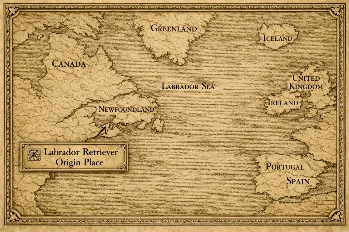 Stari zemljevid, ki prikazuje Novo Fundlandijo, Kanada – domovino Labradorec