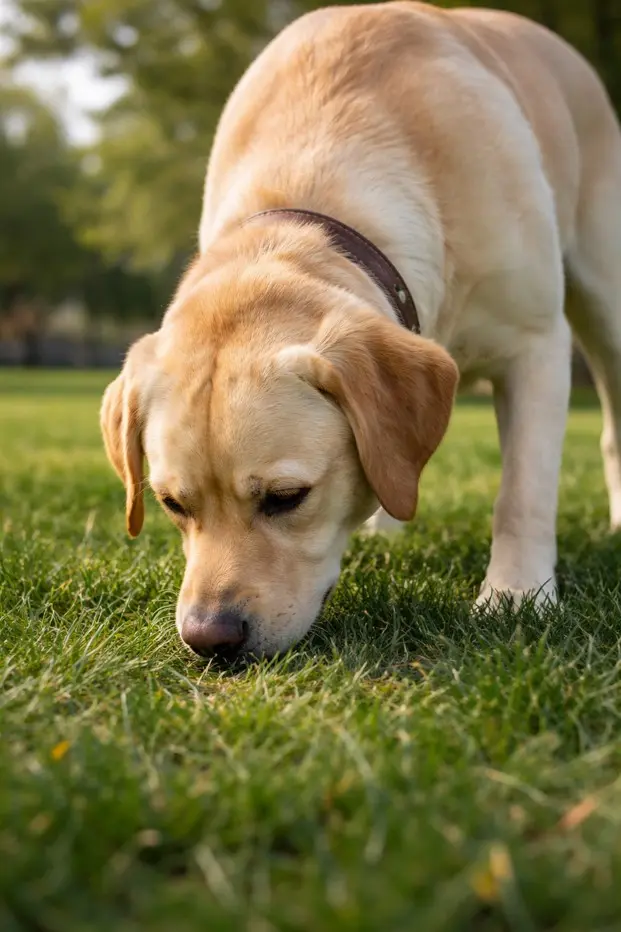 Rumeni Labradorec, izšolan za sledenje vonju, z nosom ob tleh voha travo v parku – prikaz njegovih izostrenih čutov