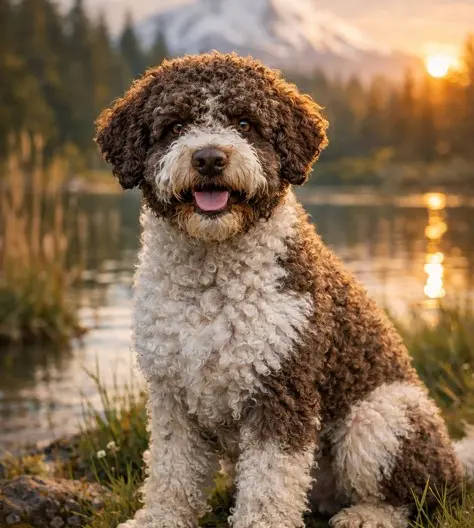 Lagotto Romagnolo sedi ob jezeru ob sončnem zahodu z gorskim ozadjem – simbol pasme in njenega izvora