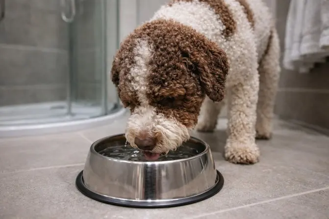 Lagotto Romagnolo pije vodo iz posode v kopalnici – pravilna hidracija je ključna za zdravje pasme