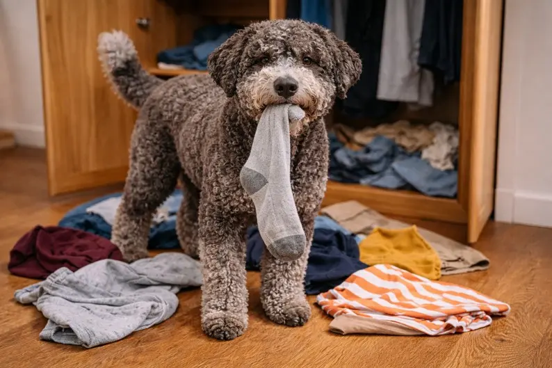 Lagotto Romagnolo drži nogavico v razmetani sobi – igrivost in radovednost sta med glavnimi značajskimi lastnostmi