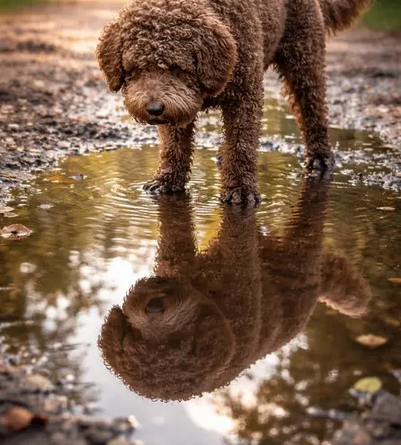 Lagotto Romagnolo opazuje svoj odsev v luži – pasma z izostrenimi čuti in naravno radovednostjo