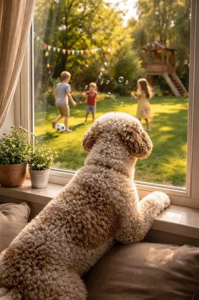 Lagotto Romagnolo skozi okno opazuje otroke pri igri na dvorišču – pasma, ki obožuje družinsko življenje