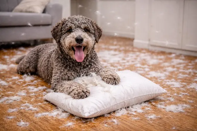 Lagotto Romagnolo leži na raztrgani blazini s perjem – igriva narava, ki zahteva aktivno angažiranost