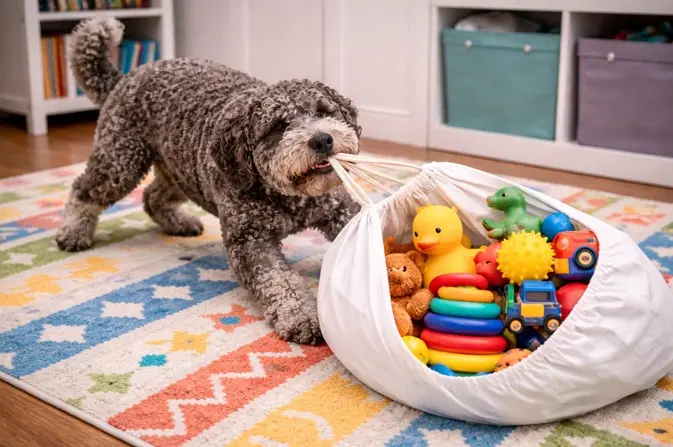 Lagotto Romagnolo se igra z vrečo igrač na barviti preprogi – aktiven in inteligenten pes