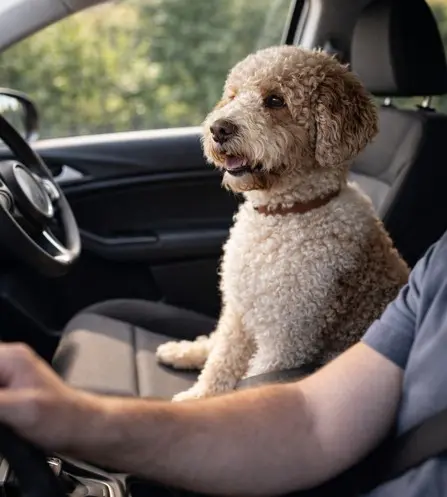 Lagotto Romagnolo sedi na sprednjem sedežu avtomobila – prilagodljiv pes za aktivne ljudi