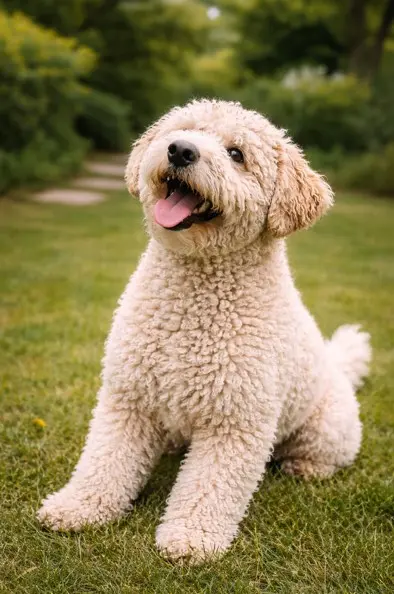 Lagotto Romagnolo veselo sedi na travi – srečen in zdrav pes srednje velikih pasem