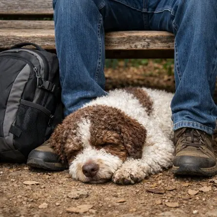 Lagotto Romagnolo spi ob nogah lastnika na klopi na prostem – mirna in zaupljiva pasma