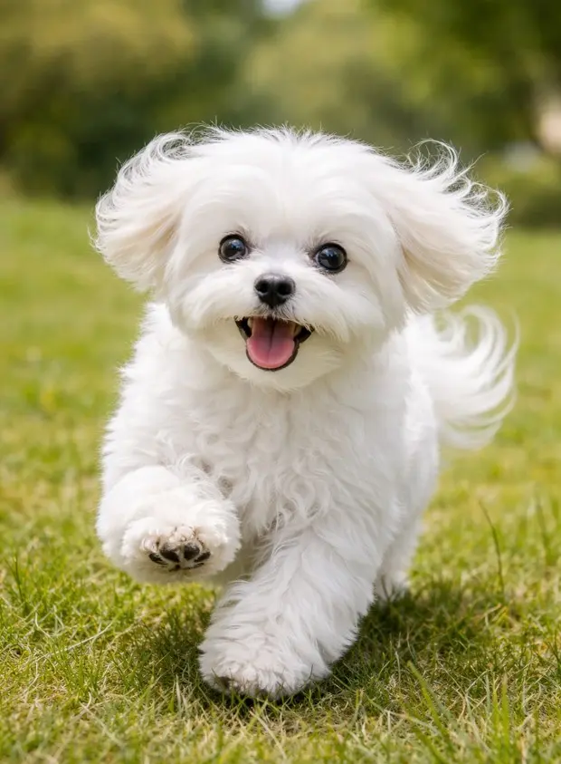 Veselo štene Maltezera trči izravno prema kameri po zelenoj travi, s lepršavom dlakom i širom otvorenim ustima