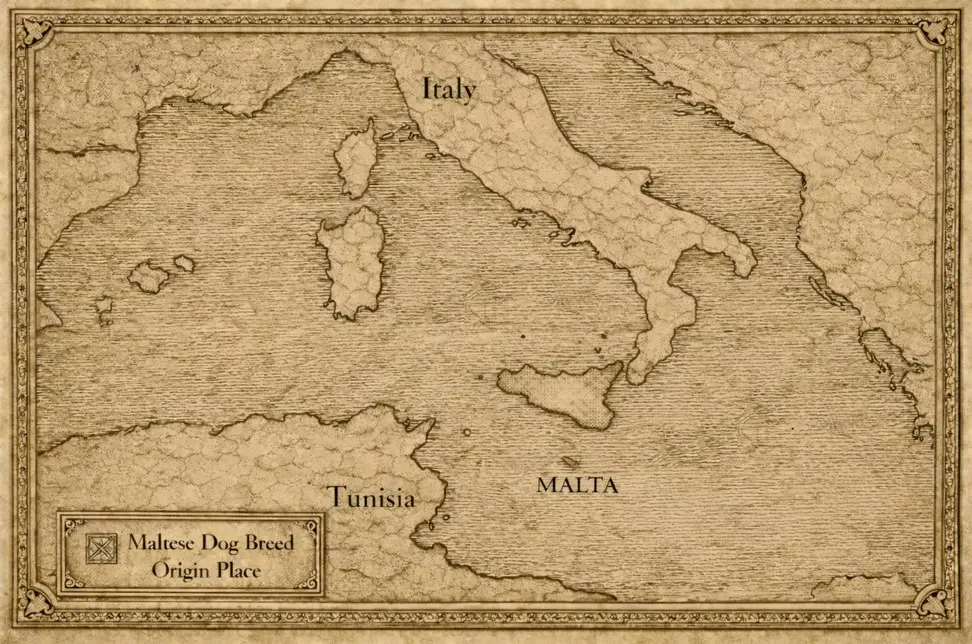 Povijesna karta Sredozemlja s označenim mjestom podrijetla Maltezer - Malta