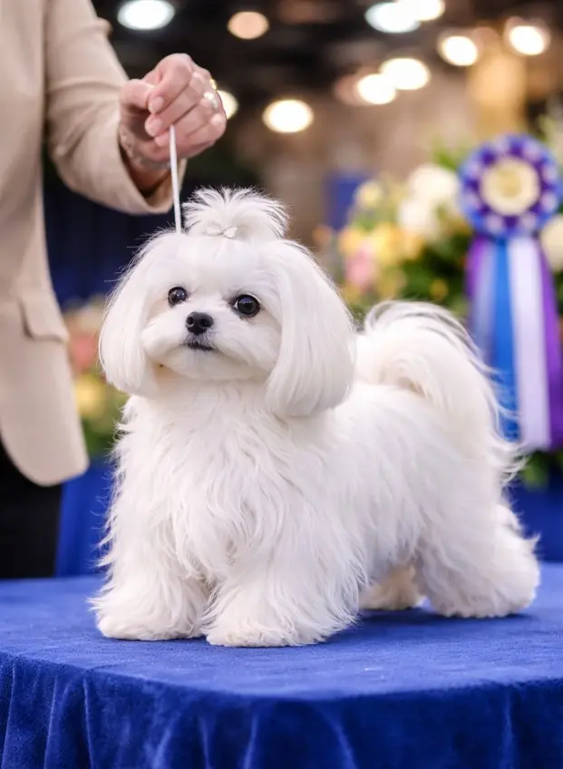 Maltezer s savršeno bijelom dlakom, predstavljen na izložbi pasa na plavom stolu s ljubičastom rozetom