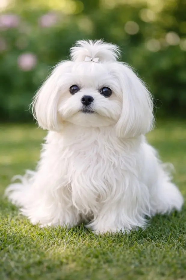 Maltezer s mašnom na glavi, sjedi na travi i gleda izravno u kameru s nježnim izrazom