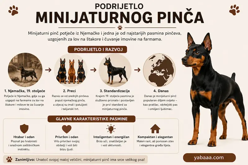 Infografika o porijeklu patuljastog pinča, povijest i razvoj pasmine od Njemačke do danas