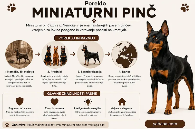 Infografika o izvoru pritlikavega pinča, zgodovina in razvoj pasme od Nemčije do danes