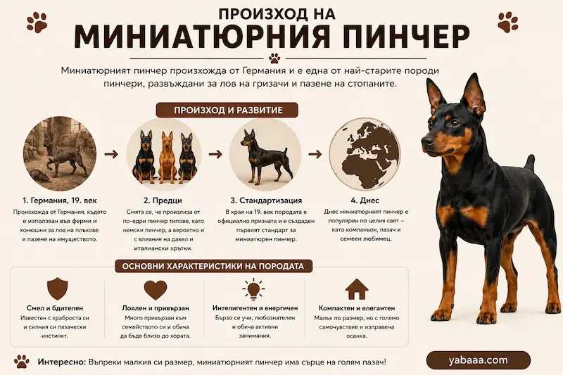 Инфографика за произхода на миниатюрния пинчер, история и развитие на породата от Германия до наши дни